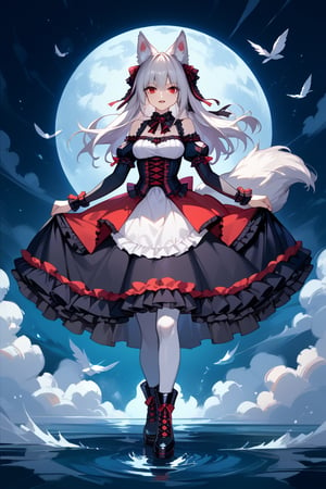 wolf girl,fur body,white wolf fur,white wolf ears,red eyes,white wolf tail, gothic lolita,full body,score_9,score_8_up,score_7_up,source_anime,BREAK,anthro