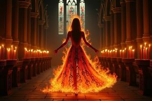 **The Flame's Embrace:** Imagine a gothic-inspired ritual where a girl composed of flames performs a dance in an old, gothic chapel. Her fiery dress and intricate, dark patterns create an enchanting contrast against the dim, candlelit surroundings.