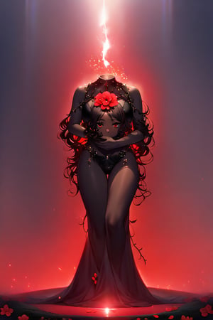 ((full body)),In a mystical forest, bathed in soft, ethereal light, a headless young woman with long silver curly hair and striking red eyes poses eerily beautiful. The camera frames her full figure against the misty trees, where the eerie silence is only broken by the gentle sway of vines. Her dark skin glistens as she holds her own dissevered head in one hand, surrounded by intricate black bikini armor adorned with vibrant red flower accents that seem to pulsate with an otherworldly energy. The flowers' delicate petals and stems are textured with lifelike detail, contrasting stunningly against her dark skin tone.