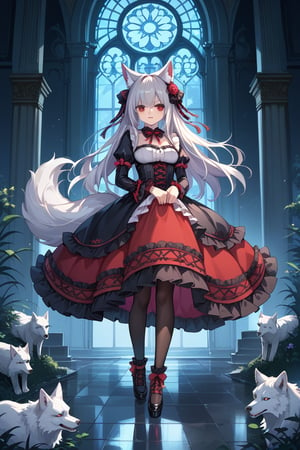 wolf girl,fur body,white wolf fur,white wolf ears,red eyes,white wolf tail, gothic lolita,full body,score_9,score_8_up,score_7_up,source_anime,BREAK