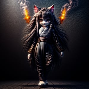 ((((full body)))),kunoichi, neko, girl, fur body, dark color fur, fluffy fur, pointy cat ears, long curly cat ears, absurdly long cherry hair, black eyes, smoke fur,cateyes, throwing shuriken at viewer 