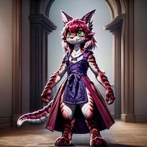 ((((full body)))), A majestic loli dragon neko stands before us. Her dark-scaled skin glistens in the soft, warm light, as if infused with an inner glow. Feline features are prominent - cat ears perked up and a long, fluffy tail extending from her posterior. A Lolita dress of mixed red, pink, and black patterns wraps around her slender form, creating a striking contrast against her dark scales. The overall composition is framed by a subtle gradient of blues and purples in the background, subtly evoking a sense of mystique and wonder.,green reptile hands,Monster girl,Dragon girl,furry,furry female,body fur,animal ear fluff,animal ears,fang