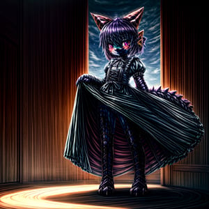 ((((full body)))), A majestic loli dragon neko stands before us. Her dark-scaled skin glistens in the soft, warm light, as if infused with an inner glow. Feline features are prominent - cat ears perked up and a long, fluffy tail extending from her posterior. A Lolita dress of mixed red, pink, and black patterns wraps around her slender form, creating a striking contrast against her dark scales. The overall composition is framed by a subtle gradient of blues and purples in the background, subtly evoking a sense of mystique and wonder.,green reptile hands,Monster girl,Dragon girl