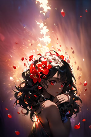 In a mystical forest bathed in soft, ethereal light, a headless young woman with long silver curly hair and striking red eyes poses eerily beautiful. Her dark skin glistens as she holds her own dissevered head in one hand, surrounded by intricate black bikini armor adorned with vibrant red flower accents that seem to pulsate with an otherworldly energy. The flowers' delicate petals and stems are textured with lifelike detail, contrasting stunningly against her dark skin tone. ((full body)),more detail XL