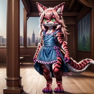 ((((full body)))), A majestic loli dragon neko stands before us. Her dark-scaled skin glistens in the soft, warm light, as if infused with an inner glow. Feline features are prominent - cat ears perked up and a long, fluffy tail extending from her posterior. A Lolita dress of mixed red, pink, and black patterns wraps around her slender form, creating a striking contrast against her dark scales. The overall composition is framed by a subtle gradient of blues and purples in the background, subtly evoking a sense of mystique and wonder.,green reptile hands,Monster girl,Dragon girl,furry,furry female,body fur,animal ear fluff,animal ears,fang