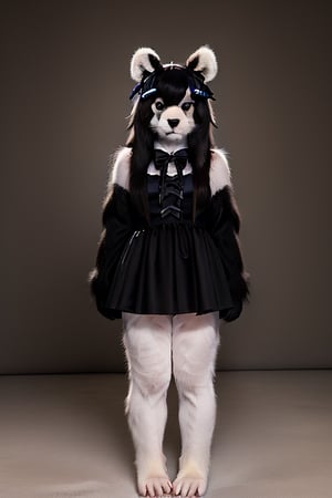 ((Full body)),panda girl,lolita fashion,red eyes,photorealistic,furry,furry female,body fur,animal ear fluff,animal ears,fang,Detailedface