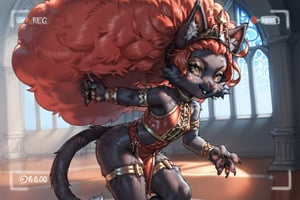 A full-body illustration of a young girl with cat ears and a long, bushy cat tail, featuring reddish-black fur. She has a large, vibrant afro styled in red hair, complemented by black fingernails and black toenails. The girl is dressed in a unique habit suitable for church, showcasing intricate details. The artwork should present viewfinder to highlight her playful demeanor and the texture of her fur skin, capturing both her feline traits and youthful charm,score_9,ssource_furry,furry,anthro,detailed fur,body fur,tuft,fluffy