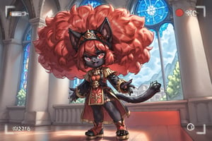 A full-body illustration of a young girl with cat ears and a long, bushy cat tail, featuring reddish-black fur. She has a large, vibrant afro styled in red hair, complemented by black fingernails and black toenails. The girl is dressed in a unique habit suitable for church, showcasing intricate details. The artwork should present viewfinder to highlight her playful demeanor and the texture of her fur skin, capturing both her feline traits and youthful charm