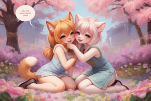 Full body,Two Neko girls in a vibrant fantasy setting, one with fur-covered features and a playful expression, engaging in a tender moment. The scene depicts the futa sister affectionately embracing her sibling, creating a warm atmosphere filled with love. Include a speech bubble that reads 'Love you, sis,' capturing their close bond. The background should feature whimsical elements like cherry blossom trees and soft pastel colors to enhance the overall affectionate