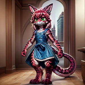 ((((full body)))), A majestic loli dragon neko stands before us. Her dark-scaled skin glistens in the soft, warm light, as if infused with an inner glow. Feline features are prominent - cat ears perked up and a long, fluffy tail extending from her posterior. A Lolita dress of mixed red, pink, and black patterns wraps around her slender form, creating a striking contrast against her dark scales. The overall composition is framed by a subtle gradient of blues and purples in the background, subtly evoking a sense of mystique and wonder.,green reptile hands,Monster girl,Dragon girl,furry,furry female,body fur,animal ear fluff,animal ears,fang