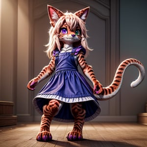 ((((full body)))), A majestic loli dragon neko stands before us. Her dark-scaled skin glistens in the soft, warm light, as if infused with an inner glow. Feline features are prominent - cat ears perked up and a long, fluffy tail extending from her posterior. A Lolita dress of mixed red, pink, and black patterns wraps around her slender form, creating a striking contrast against her dark scales. The overall composition is framed by a subtle gradient of blues and purples in the background, subtly evoking a sense of mystique and wonder.,green reptile hands,Monster girl,Dragon girl,furry,furry female,body fur,animal ear fluff,animal ears,fang