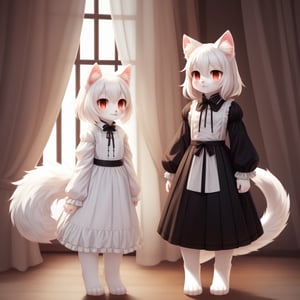 white neko girl, white cat ears, fluffy fur, fur body, white fur body, white fur, white fluffy cat tail, ((((full body)))), ((one tail)), two ears,cat eyes,split pupils, red gothic lolita, detail eyes