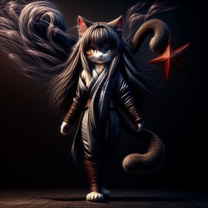 ((((full body)))),kunoichi, neko, girl, fur body, dark color fur, fluffy fur, pointy cat ears, long curly cat ears, absurdly long cherry hair, black eyes, smoke fur,cateyes, shuriken