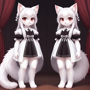 white neko girl, white cat ears, fluffy fur, fur body, white fur body, white fur, white fluffy cat tail, ((((full body)))), ((one tail)), two ears,cat eyes,split pupils, red gothic lolita, detail eyes