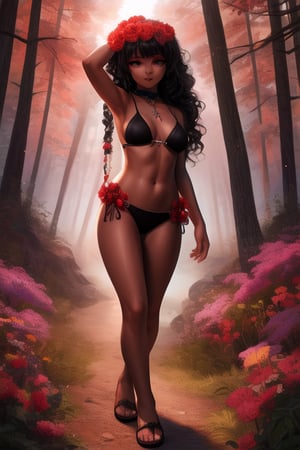 In a mystical forest bathed in soft, ethereal light, a headless young woman with long silver curly hair and striking red eyes poses eerily beautiful. Her dark skin glistens as she holds her own head in one hand, surrounded by intricate black bikini armor adorned with vibrant red flower accents that seem to pulsate with an otherworldly energy. The flowers' delicate petals and stems are textured with lifelike detail, contrasting stunningly against her dark skin tone. ((full body))