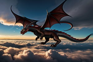 A majestic snake-like dragon with sharp claws soars through a turbulent sky, her metallic red and black scales shimmering as she weaves between the clouds.