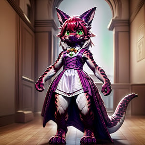 ((((full body)))), A majestic loli dragon neko stands before us. Her dark-scaled skin glistens in the soft, warm light, as if infused with an inner glow. Feline features are prominent - cat ears perked up and a long, fluffy tail extending from her posterior. A Lolita dress of mixed red, pink, and black patterns wraps around her slender form, creating a striking contrast against her dark scales. The overall composition is framed by a subtle gradient of blues and purples in the background, subtly evoking a sense of mystique and wonder.,green reptile hands,Monster girl,Dragon girl,furry,furry female,body fur,animal ear fluff,animal ears,fang