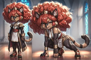 A full-body illustration of a young girl with cat ears and a long, bushy cat tail, featuring reddish-black fur. She has a large, vibrant afro styled in red hair, complemented by black fingernails and black toenails. The girl is dressed in a unique habit suitable for church, showcasing intricate details. The artwork should present multiple views to highlight her playful demeanor and the texture of her fur skin, capturing both her feline traits and youthful charm,score_9,ssource_furry,furry,anthro,detailed fur,body fur,tuft,fluffy