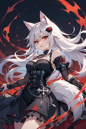 wolf girl, white wolf fur, white wolf ears, red eyes,white wolf tail, gothic,score_9,score_8_up,score_7_up,source_anime,BREAK