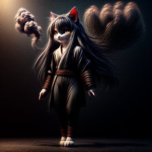 ((((full body)))),kunoichi, neko, girl, fur body, dark color fur, fluffy fur, pointy cat ears, long curly cat ears, absurdly long cherry hair, black eyes, smoke fur,cateyes, shuriken