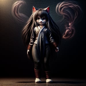 ((((full body)))),kunoichi, neko, girl, fur body, dark color fur, fluffy fur, pointy cat ears, long curly cat ears, absurdly long cherry hair, black eyes, smoke fur,cateyes