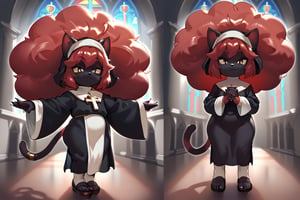 Child, girl, cat tail, cat ears, reddish black fur, huge afro, red hair, black fingernails, black toenails, habit, church, fullbody, fur skin, multiple views,score_9,ssource_furry,furry,anthro