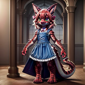 ((((full body)))), A majestic loli dragon neko stands before us. Her dark-scaled skin glistens in the soft, warm light, as if infused with an inner glow. Feline features are prominent - cat ears perked up and a long, fluffy tail extending from her posterior. A Lolita dress of mixed red, pink, and black patterns wraps around her slender form, creating a striking contrast against her dark scales. The overall composition is framed by a subtle gradient of blues and purples in the background, subtly evoking a sense of mystique and wonder.,green reptile hands,Monster girl,Dragon girl,furry,furry female,body fur,animal ear fluff,animal ears,fang