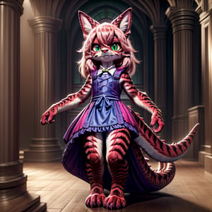 ((((full body)))), A majestic loli dragon neko stands before us. Her dark-scaled skin glistens in the soft, warm light, as if infused with an inner glow. Feline features are prominent - cat ears perked up and a long, fluffy tail extending from her posterior. A Lolita dress of mixed red, pink, and black patterns wraps around her slender form, creating a striking contrast against her dark scales. The overall composition is framed by a subtle gradient of blues and purples in the background, subtly evoking a sense of mystique and wonder.,green reptile hands,Monster girl,Dragon girl,furry,furry female,body fur,animal ear fluff,animal ears,fang