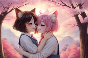 Two Neko girls in a vibrant fantasy setting, one with fur-covered features and a playful expression, engaging in a tender moment. The scene depicts the futa sister affectionately embracing her sibling, creating a warm atmosphere filled with love. Include a speech bubble that reads 'Love you, sis,' capturing their close bond. The background should feature whimsical elements like cherry blossom trees and soft pastel colors to enhance the overall affectionate