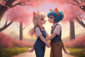 Full body,Two Neko girls in a vibrant fantasy setting, one with fur-covered features and a playful expression, engaging in a tender moment. The scene depicts the futa sister affectionately embracing her sibling, creating a warm atmosphere filled with love. Include a speech bubble that reads 'Love you, sis,' capturing their close bond. The background should feature whimsical elements like cherry blossom trees and soft pastel colors to enhance the overall affectionate