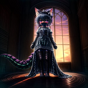 ((((full body)))), A majestic loli dragon neko stands before us. Her dark-scaled skin glistens in the soft, warm light, as if infused with an inner glow. Feline features are prominent - cat ears perked up and a long, fluffy tail extending from her posterior. A Lolita dress of mixed red, pink, and black patterns wraps around her slender form, creating a striking contrast against her dark scales. The overall composition is framed by a subtle gradient of blues and purples in the background, subtly evoking a sense of mystique and wonder.,green reptile hands,Monster girl,Dragon girl