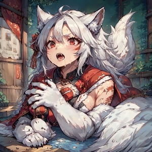 wolf girl,white wolf fur,white wolf ears,red eyes,white wolf tail,score_9,score_8_up,score_7_up,source_anime,BREAK,furry