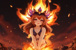 A fiery inferno engulfs the frame as a mesmerizing little girl's body is sculpted from blazing flames. Her porcelain-like skin glows with an ethereal warmth, as if kissed by the divine. Golden hues dance across her features, casting a radiant glow on the darkened surroundings. Full-body shot captures the fluid, fiery form, with tendrils of flame curling around her tiny hands and toes.