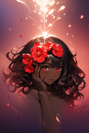 In a mystical forest bathed in soft, ethereal light, a headless young woman with long silver curly hair and striking red eyes poses eerily beautiful. Her dark skin glistens as she holds her own dissevered head in one hand, surrounded by intricate black bikini armor adorned with vibrant red flower accents that seem to pulsate with an otherworldly energy. The flowers' delicate petals and stems are textured with lifelike detail, contrasting stunningly against her dark skin tone. ((full body)),more detail XL