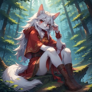 A wolf girl posing in a snowy forest clearing, surrounded by tall trees and a hint of mist. Her white fur glistens under the soft, warm lighting, with her wolf ears perked up and red eyes gleaming with a fierce intensity. She sits confidently, her long white tail wrapped around her legs like a symbol of power. The camera captures her from a slight angle, emphasizing her striking features and the textures of her fur. Anime-style artistry shines through in the stylized design and vibrant colors.,score_9,score_8_up,score_7_up,source_anime,BREAK,furry