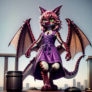 ((((full body)))), A majestic loli dragon neko stands before us. Her dark-scaled skin glistens in the soft, warm light, as if infused with an inner glow. Feline features are prominent - cat ears perked up and a long, fluffy tail extending from her posterior. A Lolita dress of mixed red, pink, and black patterns wraps around her slender form, creating a striking contrast against her dark scales. The overall composition is framed by a subtle gradient of blues and purples in the background, subtly evoking a sense of mystique and wonder.,green reptile hands,Monster girl,Dragon girl,furry,furry female,body fur,animal ear fluff,animal ears,fang