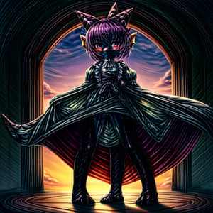 ((((full body)))), A majestic loli dragon neko stands before us. Her dark-scaled skin glistens in the soft, warm light, as if infused with an inner glow. Feline features are prominent - cat ears perked up and a long, fluffy tail extending from her posterior. A Lolita dress of mixed red, pink, and black patterns wraps around her slender form, creating a striking contrast against her dark scales. The overall composition is framed by a subtle gradient of blues and purples in the background, subtly evoking a sense of mystique and wonder.,green reptile hands,Monster girl,Dragon girl