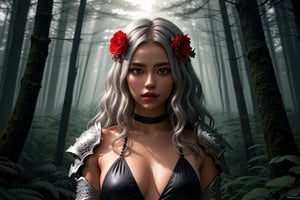 A headless young woman with long silver curly hair and striking red eyes, wearing intricate black bikini armor adorned with vibrant red flower accents. She holds her own head in one hand, creating a surreal and captivating image. The background is a mystical forest with soft, ethereal lighting that enhances the otherworldly atmosphere of the scene. The armor should have detailed textures, and the flowers should appear vivid and lifelike, contrasting beautifully against her dark skin tone.