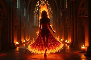 **The Flame's Embrace:** Imagine a gothic-inspired ritual where a girl composed of flames performs a dance in an old, gothic chapel. Her fiery dress and intricate, dark patterns create an enchanting contrast against the dim, candlelit surroundings.