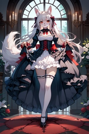 wolf girl,fur body,white wolf fur,white wolf ears,red eyes,white wolf tail, gothic lolita,full body,score_9,score_8_up,score_7_up,source_anime,BREAK,anthro