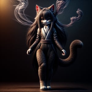 ((((full body)))),kunoichi, neko, girl, fur body, dark color fur, fluffy fur, pointy cat ears, long curly cat ears, absurdly long cherry hair, black eyes, smoke fur,cateyes