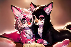 Full body,Two Neko girls in a vibrant fantasy setting, one with fur-covered features and a playful expression, engaging in a tender moment. The scene depicts the futa sister affectionately embracing her sibling, creating a warm atmosphere filled with love. Include a speech bubble that reads 'Love you, sis,' capturing their close bond. The background should feature whimsical elements like cherry blossom trees and soft pastel colors to enhance the overall affectionate,furry,furry female,body fur,animal ear fluff,animal ears,fang