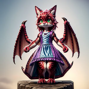 ((((full body)))), A majestic loli dragon neko stands before us. Her dark-scaled skin glistens in the soft, warm light, as if infused with an inner glow. Feline features are prominent - cat ears perked up and a long, fluffy tail extending from her posterior. A Lolita dress of mixed red, pink, and black patterns wraps around her slender form, creating a striking contrast against her dark scales. The overall composition is framed by a subtle gradient of blues and purples in the background, subtly evoking a sense of mystique and wonder.,green reptile hands,Monster girl,Dragon girl,furry,furry female,body fur,animal ear fluff,animal ears,fang