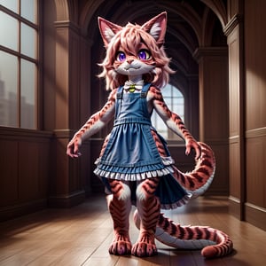 ((((full body)))), A majestic loli dragon neko stands before us. Her dark-scaled skin glistens in the soft, warm light, as if infused with an inner glow. Feline features are prominent - cat ears perked up and a long, fluffy tail extending from her posterior. A Lolita dress of mixed red, pink, and black patterns wraps around her slender form, creating a striking contrast against her dark scales. The overall composition is framed by a subtle gradient of blues and purples in the background, subtly evoking a sense of mystique and wonder.,green reptile hands,Monster girl,Dragon girl,furry,furry female,body fur,animal ear fluff,animal ears,fang