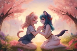 Full body,Two Neko girls in a vibrant fantasy setting, one with fur-covered features and a playful expression, engaging in a tender moment. The scene depicts the futa sister affectionately embracing her sibling, creating a warm atmosphere filled with love. Include a speech bubble that reads 'Love you, sis,' capturing their close bond. The background should feature whimsical elements like cherry blossom trees and soft pastel colors to enhance the overall affectionate