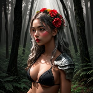 A headless young woman with long silver curly hair and striking red eyes, wearing intricate black bikini armor adorned with vibrant red flower accents. She holds her own head in one hand, creating a surreal and captivating image. The background is a mystical forest with soft, ethereal lighting that enhances the otherworldly atmosphere of the scene. The armor should have detailed textures, and the flowers should appear vivid and lifelike, contrasting beautifully against her dark skin tone.