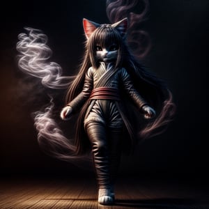 ((((full body)))),kunoichi, neko, girl, fur body, dark color fur, fluffy fur, pointy cat ears, long curly cat ears, absurdly long cherry hair, black eyes, smoke fur