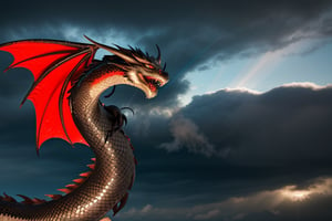 A majestic snake-like dragon with sharp claws soars through a turbulent sky, her metallic red and black scales shimmering as she weaves between the clouds. The camera zooms in on her scales as she banks to the left, revealing the textured patterns of her body. Clouds swirl around her like wisps of smoke, illuminated by warm sunlight casting long shadows across her form.