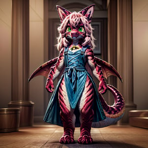 ((((full body)))), A majestic loli dragon neko stands before us. Her dark-scaled skin glistens in the soft, warm light, as if infused with an inner glow. Feline features are prominent - cat ears perked up and a long, fluffy tail extending from her posterior. A Lolita dress of mixed red, pink, and black patterns wraps around her slender form, creating a striking contrast against her dark scales. The overall composition is framed by a subtle gradient of blues and purples in the background, subtly evoking a sense of mystique and wonder.,green reptile hands,Monster girl,Dragon girl,furry,furry female,body fur,animal ear fluff,animal ears,fang