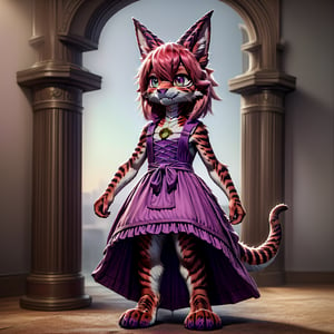 ((((full body)))), A majestic loli dragon neko stands before us. Her dark-scaled skin glistens in the soft, warm light, as if infused with an inner glow. Feline features are prominent - cat ears perked up and a long, fluffy tail extending from her posterior. A Lolita dress of mixed red, pink, and black patterns wraps around her slender form, creating a striking contrast against her dark scales. The overall composition is framed by a subtle gradient of blues and purples in the background, subtly evoking a sense of mystique and wonder.,green reptile hands,Monster girl,Dragon girl,furry,furry female,body fur,animal ear fluff,animal ears,fang